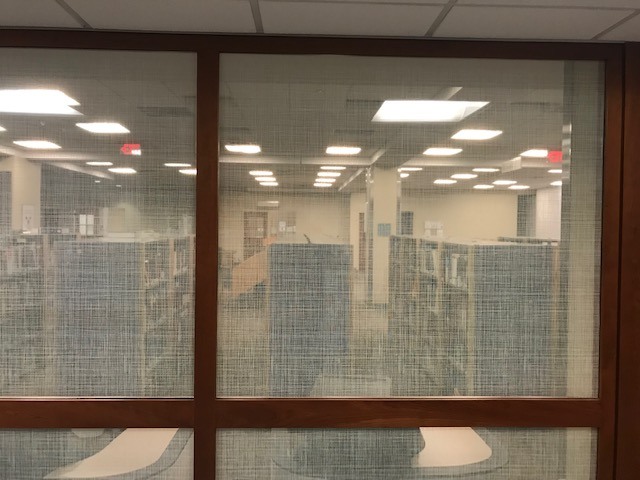 close up on the linen pattern window privacy film at the lehigh valley hospital library